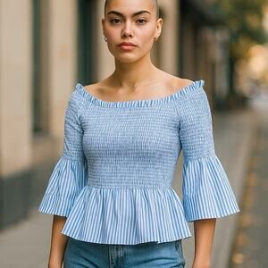 HIPPIE LAUNDRY Boho Blue & White Stripe On Off Shoulder Bohemian Blouse Size XL